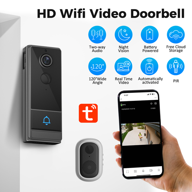 Smart WiFi Video Doorbell 120° Wide Angle Night Vision Two-Way Audio AI Human Detection Free Cloud Storage Waterproof for Home