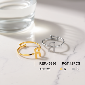 Anello in Acciaio Inossidabile con Lettera R, Gioiello alla Moda 6mm Tono Oro e Argento - Product Image 3