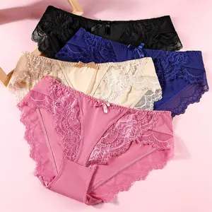 High Quality Low MOQ Lace underwear cross lace breathable low waist Traceless satin thong panties ice silk lace