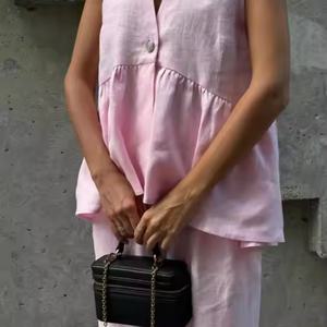 Conjunto de Ropa de Lino Cómoda de Alta Calidad a Bajo Precio 2025, Top Corto Informal Rosa de Algodón para Mujer, Pantalones Cortos de Lino con Cintura Elástica - Product Image 2