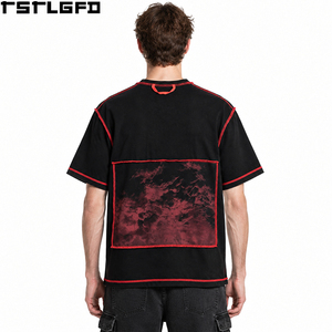 Cut And Sew Red Contrast Stitch <b>T</b> <b>Shirt</b> Men Black Crew Neck Distressed Print Patch <b>Gothic</b> Streetwear Y2K Wholesale Bulk Factory - Product Image 2