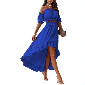 卸売サマードレス2023デザイナー新無地y2kツーピースセット女性服クロップトップスカートセット女性2ピース衣装