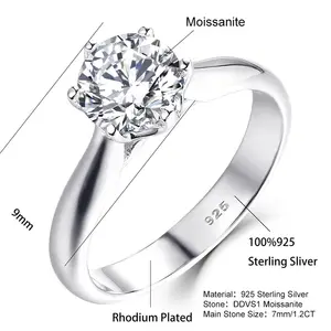 New 6 Claws Classic Design Large Simulated Diamond Platinum 1.2Ct Moissanite Wedding Rings For Women Wedding Jewelry