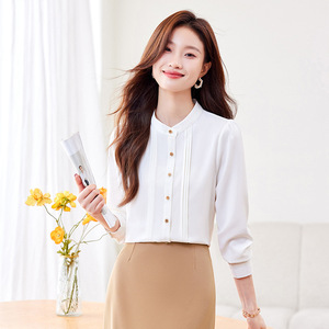 Women's Yellow Chiffon Blouse Long Sleeve <b>Button</b> Front Office Wear Solid Color Polyester Top - Product Image 2