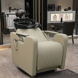 Friseurstuhl im japanischen Stil aus schwarzem PU-Leder mit weißem Waschbecken, <span class=keywords><strong>Massage</strong></span>- und Haarwaschstuhl für Friseursalons - Product Image 1