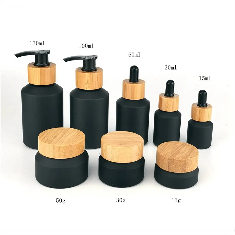 Empty Bamboo Cosmetic Packaging Cream Jar 15ml 60ml 120ml 30g 50g Frosted Lotion Pump Glass Dropper Bottle With Bamboo Lid