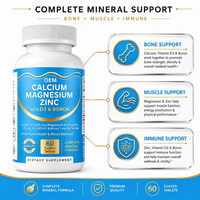 Complément alimentaire pour le soutien des os, des muscles et des articulations, comprimés pelliculés à 60 % de Calcium, Magnésium, Zinc, Vitamine D3 et Bore, emballage personnalisé