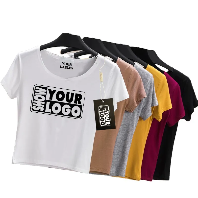 Moda diseño personalizado Modal manga corta Slim Fit cuello redondo señoras en blanco Crop Top camiseta para mujer con etiquetas colgantes gratis