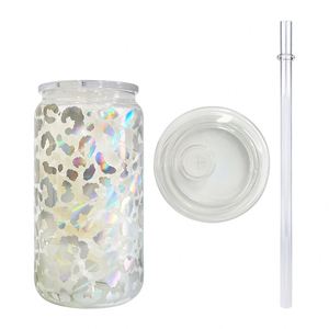 Vaso de Cerveza Transparente de 16 oz con Diseño de Leopardo Holográfico Decorado con Vinilo Adhesivo, con Tapas de Plástico PP Transparente, Disponible en Almacén de EE. UU. - Product Image 1