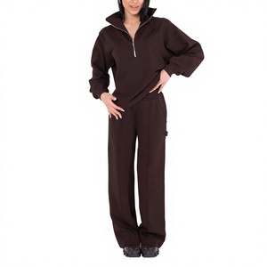 Venta al por mayor directa de fábrica, servicio OEM, logotipo personalizado, sudadera de media cremallera para mujer de 320 GSM 100% algodón y pantalones holgados de pierna ancha. - Product Image 2