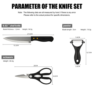Juego de 3 Cuchillos de Cocina: Cuchillo de Chef + Tijeras + Pelador, Hoja Afilada para Cocinar a Diario en Casa y Cortes Rápidos - Product Image 2