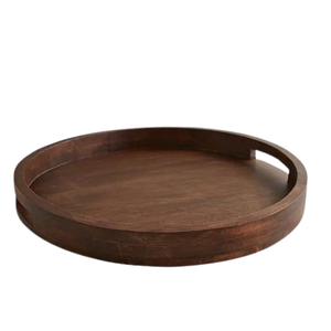 Precio de fábrica, bandeja redonda de madera de mango para servir, suministros para restaurantes y hoteles, asas de hierro, bandeja de barra de madera redonda, fabricante - Product Image 4