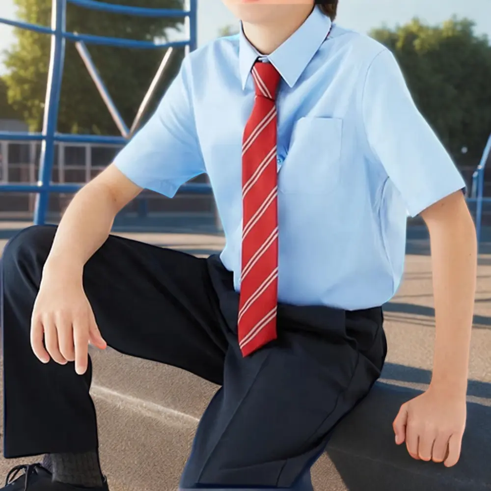 Kemeja lengan pendek untuk anak laki-laki, atasan seragam sekolah anyaman katun poliester dasar dan sekunder, baju atasan lengan pendek untuk siswa anak-anak