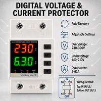 Protecteur de tension monophasé réglable 63A 220V avec récupération automatique, protection contre les surtensions/sous-tensions, montage sur rail DIN