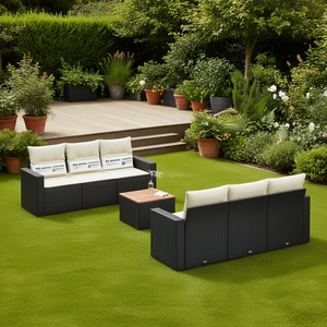 Pe <b>Rattan</b> Garden <b>Sofa</b> Set 7 Piece Black And Cream Outdoor Furniture Elegant Weather Resistant Garden Set - Product Image 2