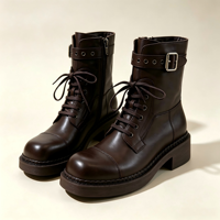 Sepatu Wanita Kulit Sapi Lembut Cokelat Vintage Model Retro Combat dengan Tali, Gesper Logam, Ritsleting Samping, Hak Tebal, Musim Gugur Musim Dingin, MOQ Rendah