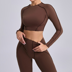 Aoyema abbigliamento sportivo da donna nuovo stile di vendita di moda Soft <span class=keywords><strong>Fitness</strong></span> Skinny Cropped <span class=keywords><strong>Top</strong></span> tinta unita elasticizzato Yoga manica lunga da palestra - Product Image 6