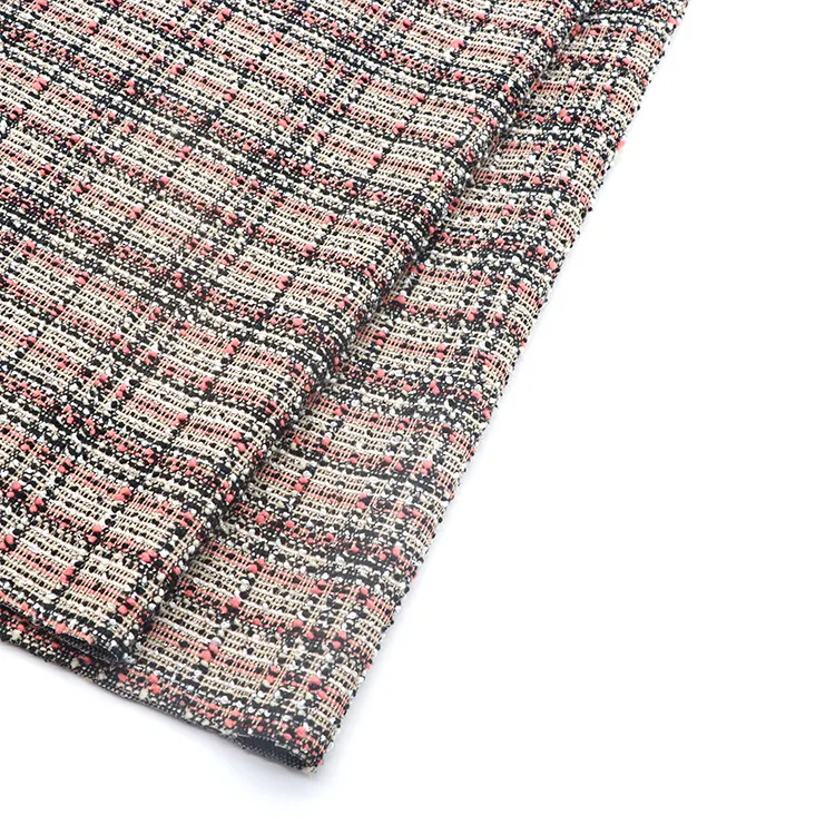 Chane-style personnalisé fantaisie manteau vérifier tissu 300gsm 93% Polyester 5% rayonne 2% Spandex Tweed tricoté tissu pour femmes vêtement