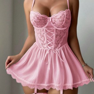 Set di biancheria intima in raso <span class=keywords><strong>da</strong></span> donna Sexy con ricamo leggero traspirante 3D con ricamo sottile e anello per gambe - Product Image 4