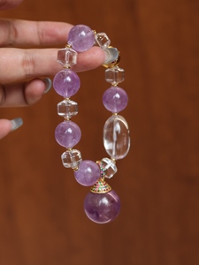 Pulsera de cuentas de amatista natural, brazalete de cristal con diamantes de imitación, cuentas redondas moradas, regalo de joyería - Product Image 6
