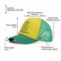 Gorras Trucker Personalizadas de 5 Paneles con Malla de Espuma Retro Amarillo Verde, Estampadas con 'Camp Know Where' y Cuerda Tejida, para Verano, Venta al por Mayor