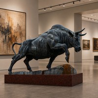 Statue de taureau en bronze sur mesure sur granit rouge - Finition mate foncée, entièrement adaptée aux spécifications, sculpture en bronze