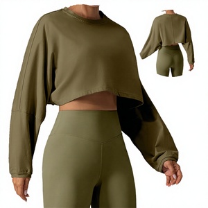 Women's Outdoor Workout Athletic <b>Crop</b> <b>Tops</b> Loose Fit Casual Breathable Gym Yoga Running Long Sleeve Front - Product Image 2