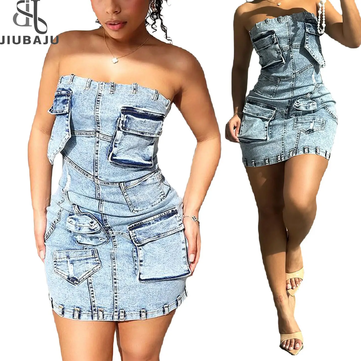 Mùa Xuân Mới Đến Phụ Nữ Ống Denim Váy 2024 Mùa Hè Không Tay 3D Túi Hàng Hóa Mini Dress