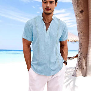 Camisa de lino y algodón con cuello Henry para hombres europeos americanos 2025, Color sólido, manga corta, <span class=keywords><strong>Guayabera</strong></span> cubana, Top informal de un solo pecho - Product Image 2