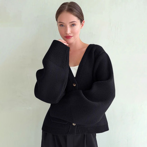 V-Neck Pocket Knitted Cardigan Loose Long Sleeve Solid Color Women's Sweater Autumn Winter Style - Product Image 3