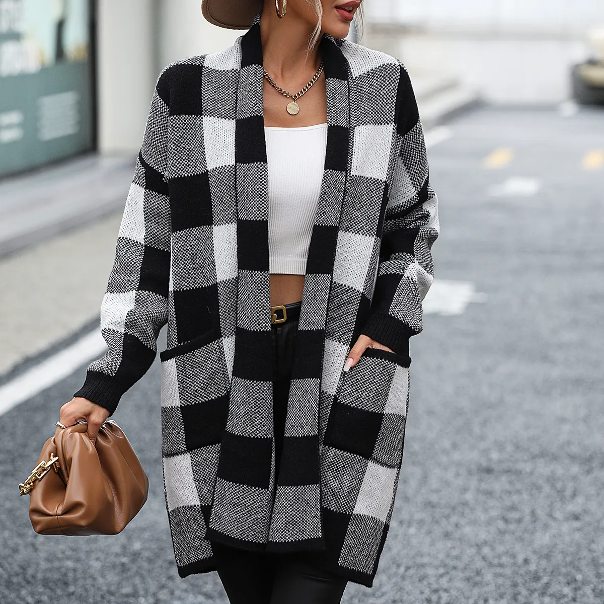 Wholesale Fashion Loose Coat Plaid Color Matching Knitted Cardigan Sweater Ladies Long Sweater Coats