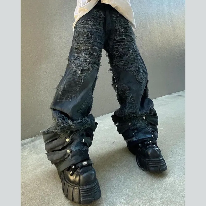 DIZNEW 2024 Jeans Skinny larghi da uomo pantaloni in Denim nero con motivo stampato all'ingrosso Jeans larghi danneggiati
