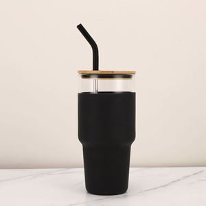 Gobelet de voyage en verre avec gaine en silicone antichoc XH GT8011 32oz, poignée ergonomique, paille en bambou hermétique, kit de pailles métalliques - Product Image 1