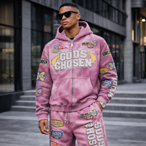 Ensemble de survêtement pour homme avec sweat à capuche zippé et pantalon de survêtement, broderie personnalisée effet vieilli, strass, délavé soleil et délavé à l'acide, fabrication sur mesure - Product Image 1