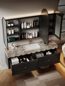 Handmade original design French retro <b>oak</b> rock panel seamless ceramic basin intelligent mirror cabinet bathroom cabinet - Product Image 5