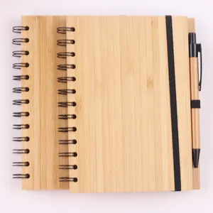 Çevre dostu özel Logo ahşap bambu kapak Spiral defter için tükenmez kalem ile hediye geri dönüşüm bambu toptan hediyeler için