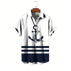 Camicia Estiva da Uomo, Moda Stile Marinaio, Stampa a Maniche Corte, T-shirt con Bottoni, Top Casual Oversize, <span class=keywords><strong>Abbigliamento</strong></span> Maschile - Product Image 4