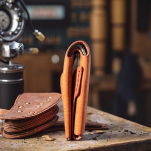 For Custom Logo Anti-theft Slim RFID Leather Short Vintage Thread Pattern Front Pocket <b>Metal</b> Money Clip Nylon Lining Men's - Product Image 6