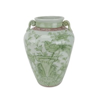 Vase à fleurs en céramique RXBP18-A, motif floral et d'oiseaux vert et blanc, décoration