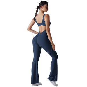 Women's Scoop Neck Backless Wide Leg Breathable Spandex/Nylon Jumpsuit One Piece Seamless Butt Scrunch Workout Romper Flare - Product Image 1