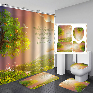 Set da bagno con paesaggi di fiori rosa di ciliegio primaverile Set di tende da doccia 4 pezzi con tappeti da bagno - Product Image 6