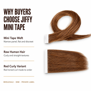 Jiffy Hair Ingrosso Mini Tape Weft Extensioni di <span class=keywords><strong>Capelli</strong></span> Umani Veri <span class=keywords><strong>Rossi</strong></span> <span class=keywords><strong>Ricci</strong></span> e Lisci, Fabbrica di Weft con Etichetta Privata - Product Image 4
