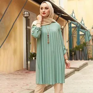 Islamic Muslim Women Blouses Casual baju 5XL Plus Size Pleated Long Sleeve Tunic Tops Muslim Blouse