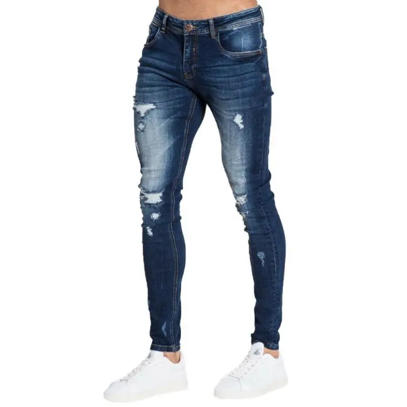 Jeans rasgados sexis ajustados azules de alta calidad personalizados para hombres