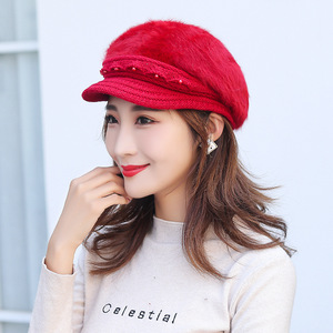 Women's Winter Knitted Hat Fleece Lined Warm Rabbit Fur Cap For Middle Aged And Elderly 56-58Cm Light Beige - Product Image 2