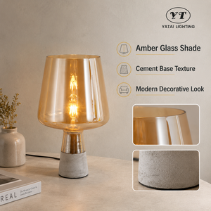 Lampe de table moderne avec abat-jour en verre ambré, base en ciment, ampoule E27, lumière ambiante chaude pour chambre à coucher, chevet, salon - Product Image 2