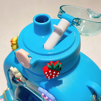 Bouteille d'eau en plastique à double paille avec couvercle rebondissant, motif ours magique, grande capacité, pour enfants