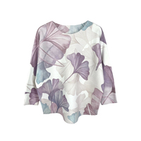 Pull-over décontracté en maille pour femme, col rond, manches chauve-souris trois quarts, imprimé feuilles violet élégant, vente en gros OEM