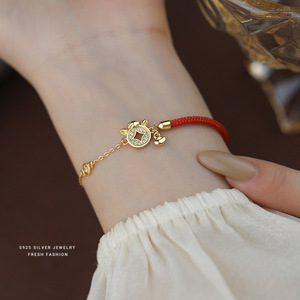 Bracelet en argent sterling S925 plaqué or 18 carats avec zircon de style chinois pour femmes, tendance, cordon rouge, vente en gros - Product Image 4