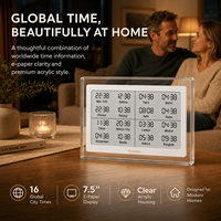 Kylendar Horloge numérique mondiale à encre électronique en acrylique de 7,5 pouces, affichage de l'heure de 16 villes, fuseaux horaires multiples, nouvelles en temps réel, météo, affichage de bureau moderne
